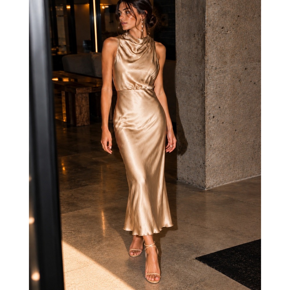 Shona Joy La Lune High Neck Cowl Satin Midi Dress Champagne Gold US 8